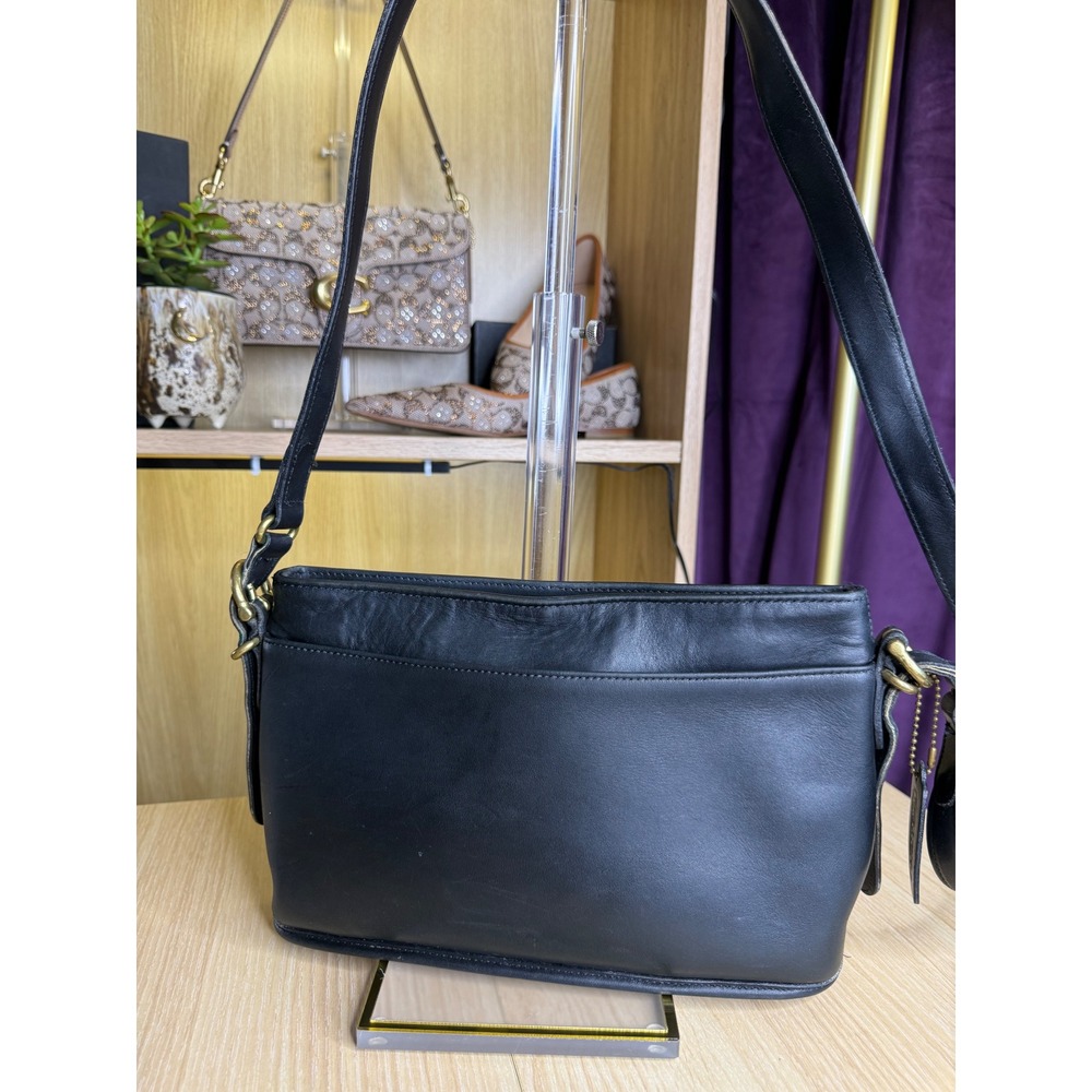 Vintage Coach Black Leather Shoulder Bag 9802 Zip Top Brass Hardware USA Made